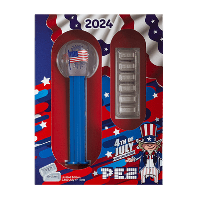 A picture of a PEZ ® 4th of July Silver Wafers & Dispenser Gift Set